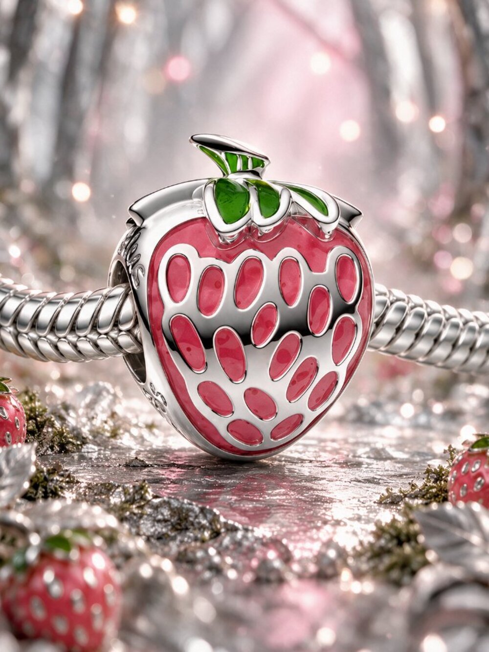 Fashion Jewelry Pink Strawberry Enamel Charm with Green Leaf Accent